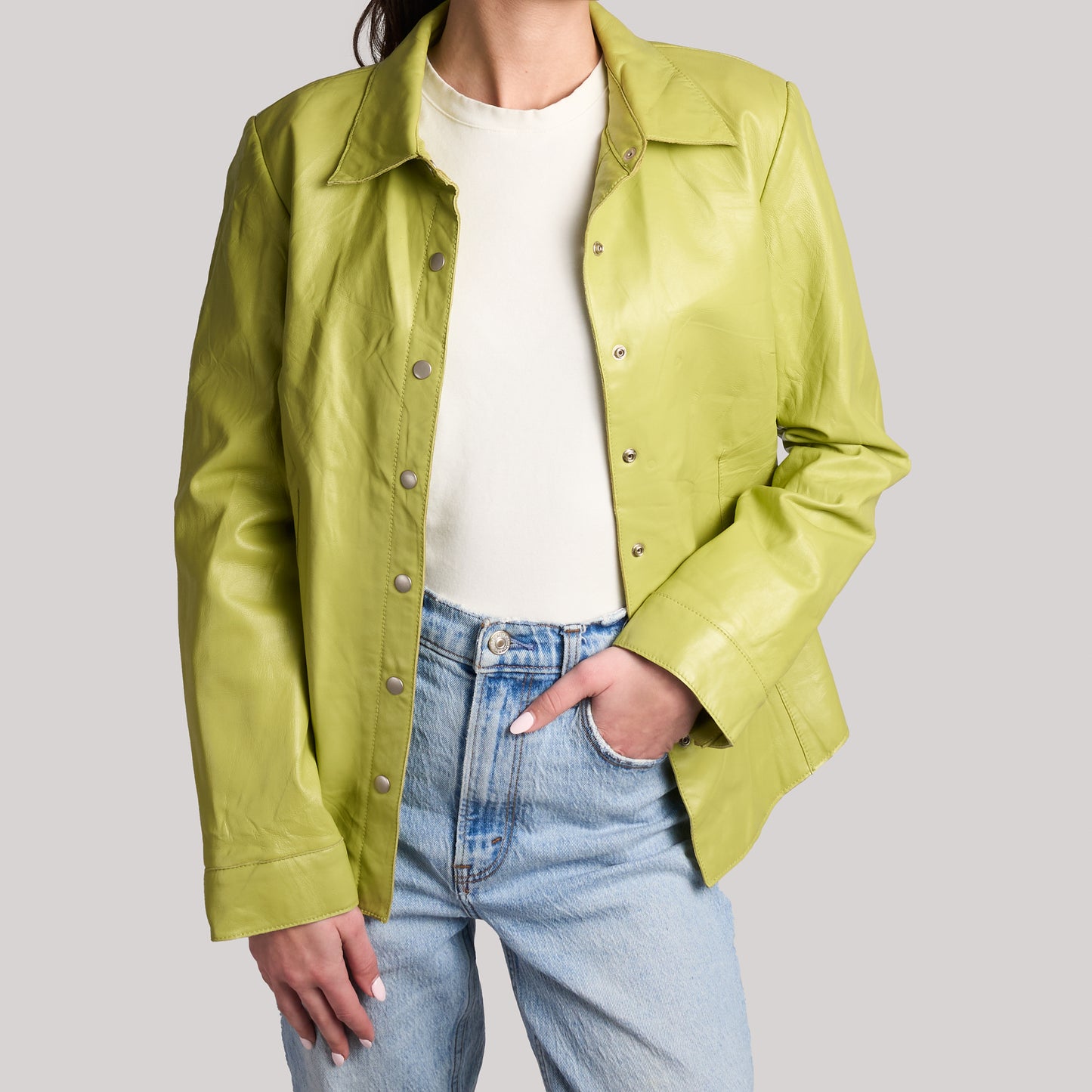 Co & Eddy Green Leather Snap-Up Jacket